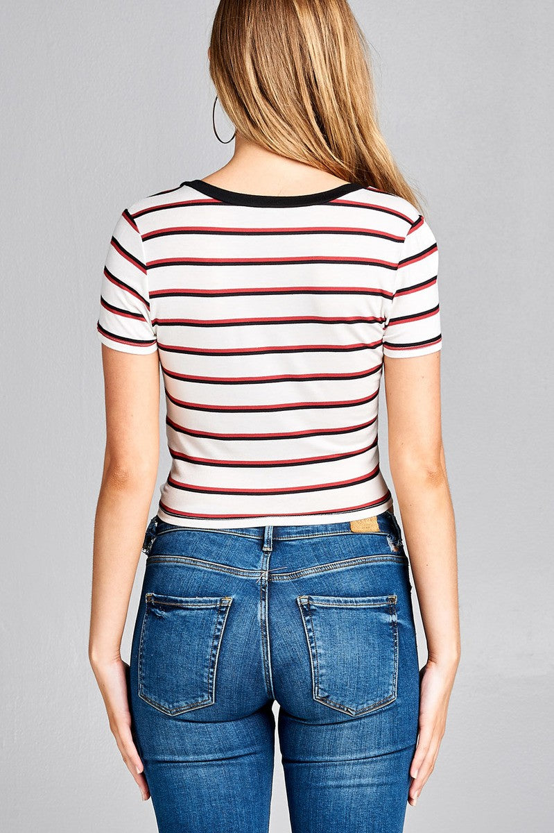 Ladies fashion short sleeve round contrast neck with knotted front crop multi stripe rayon spandex top