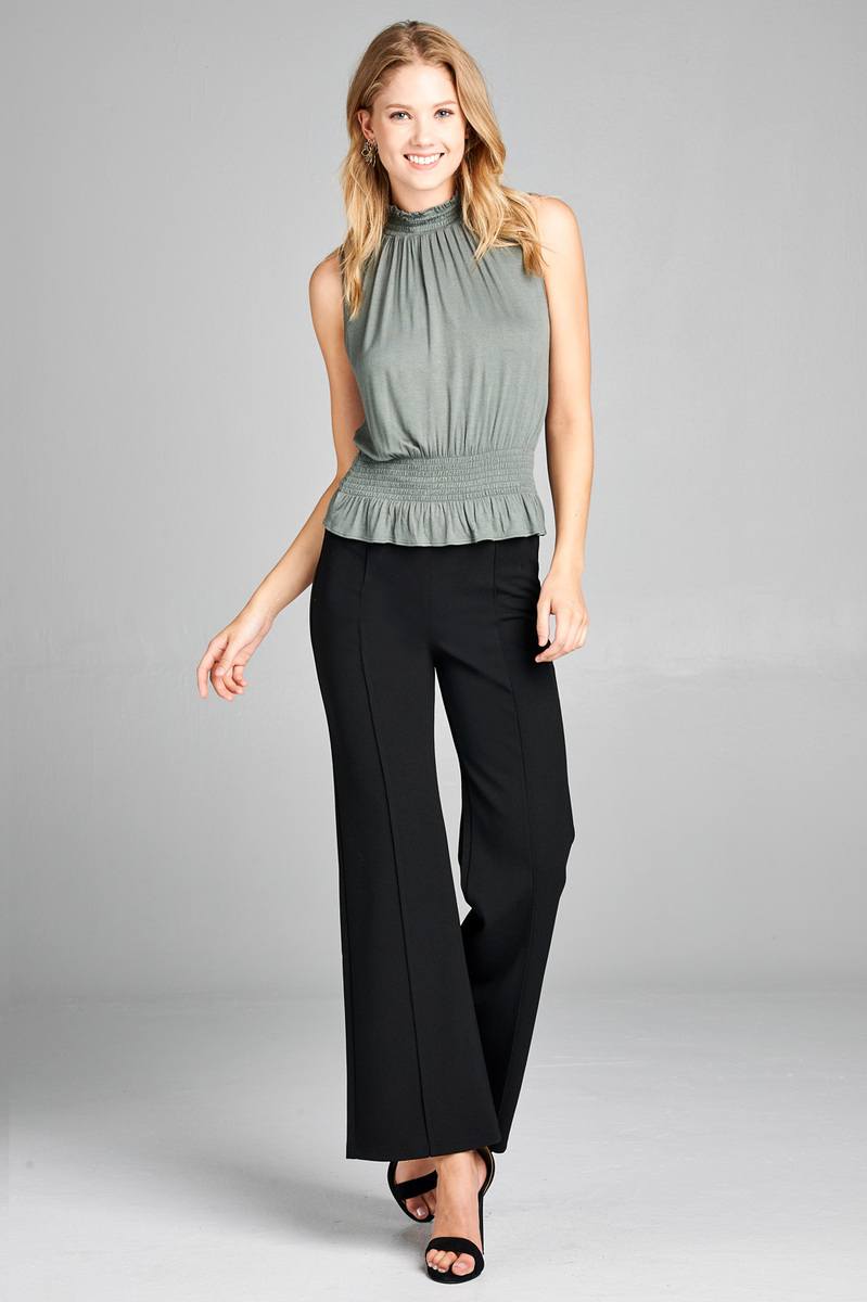 Ladies fashion sleeveless neck and waist smocked detail rayon spandex top