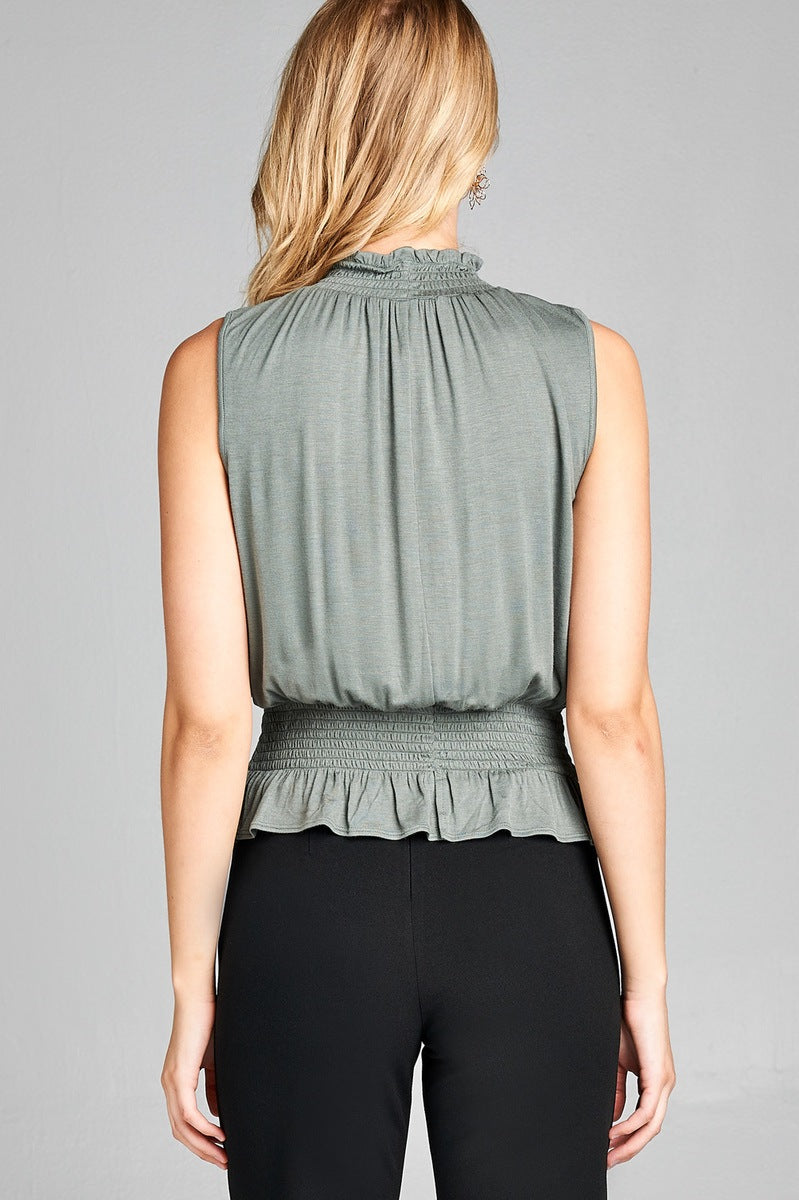 Ladies fashion sleeveless neck and waist smocked detail rayon spandex top