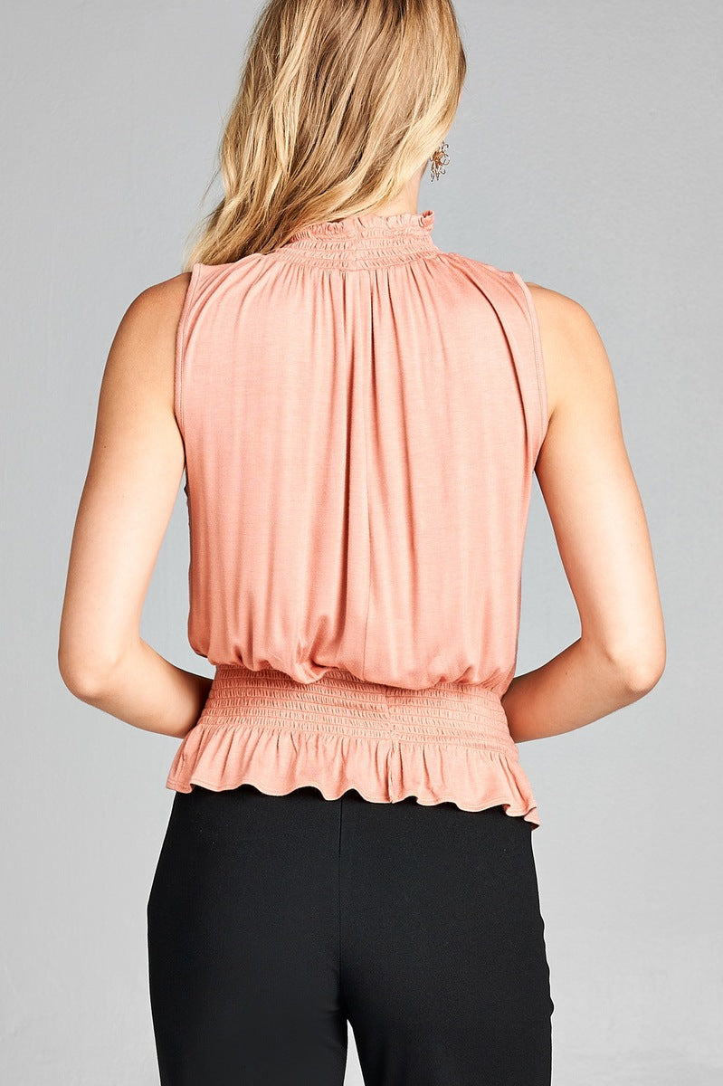 Ladies fashion sleeveless neck and waist smocked detail rayon spandex top
