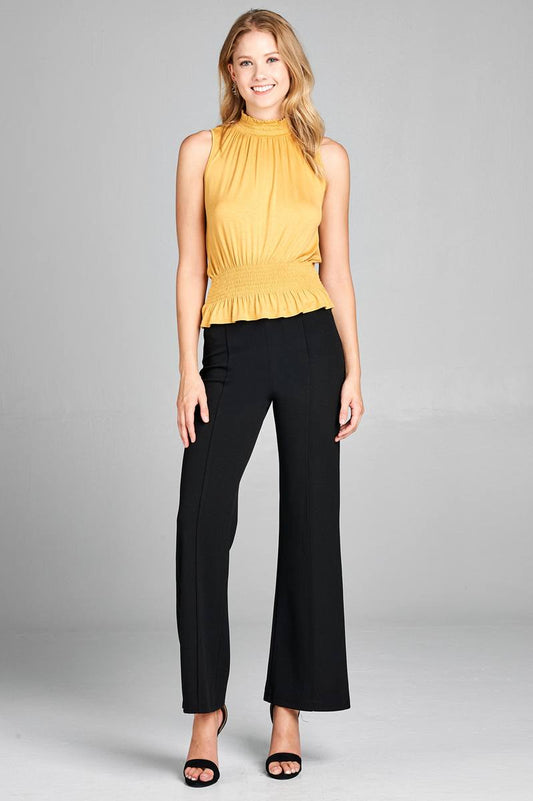 Ladies fashion sleeveless neck and waist smocked detail rayon spandex top