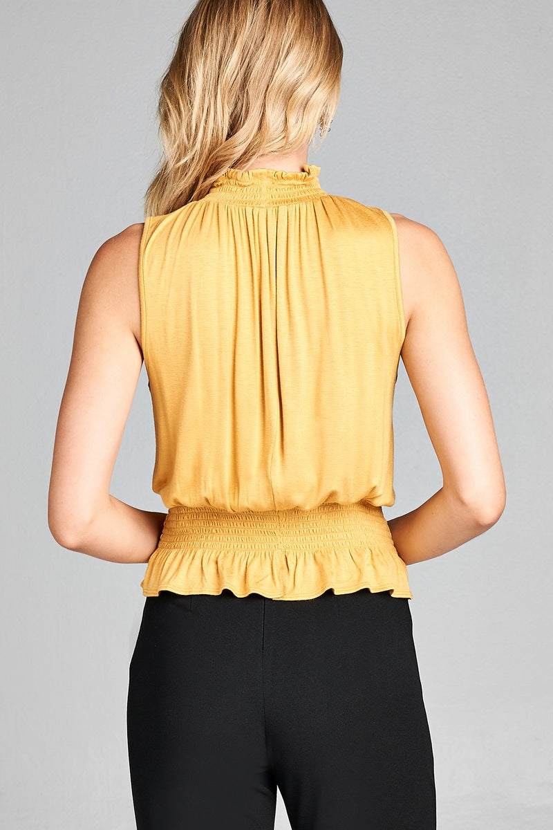 Ladies fashion sleeveless neck and waist smocked detail rayon spandex top
