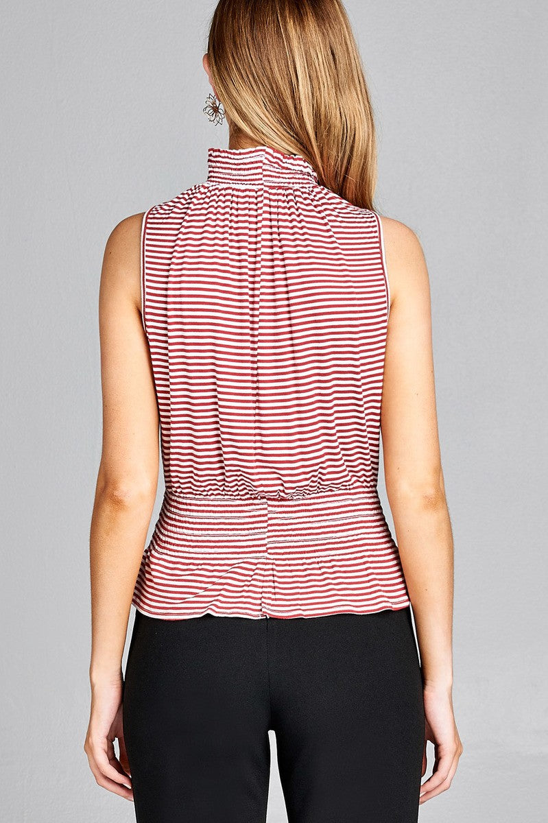 Ladies fashion leeveless neck and waist smocked detail stripe rayon spandex top