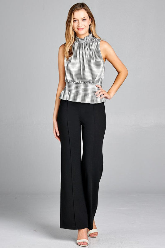 Ladies fashion leeveless neck and waist smocked detail stripe rayon spandex top