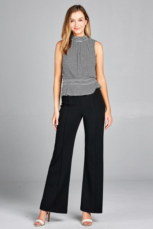 Ladies fashion leeveless neck and waist smocked detail stripe rayon spandex top