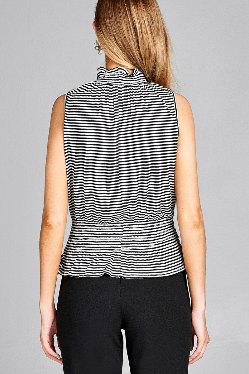 Ladies fashion leeveless neck and waist smocked detail stripe rayon spandex top