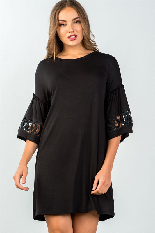 Ladies fashion 3/4 sleeve black crochet-trim gathered-sleeve mini dress