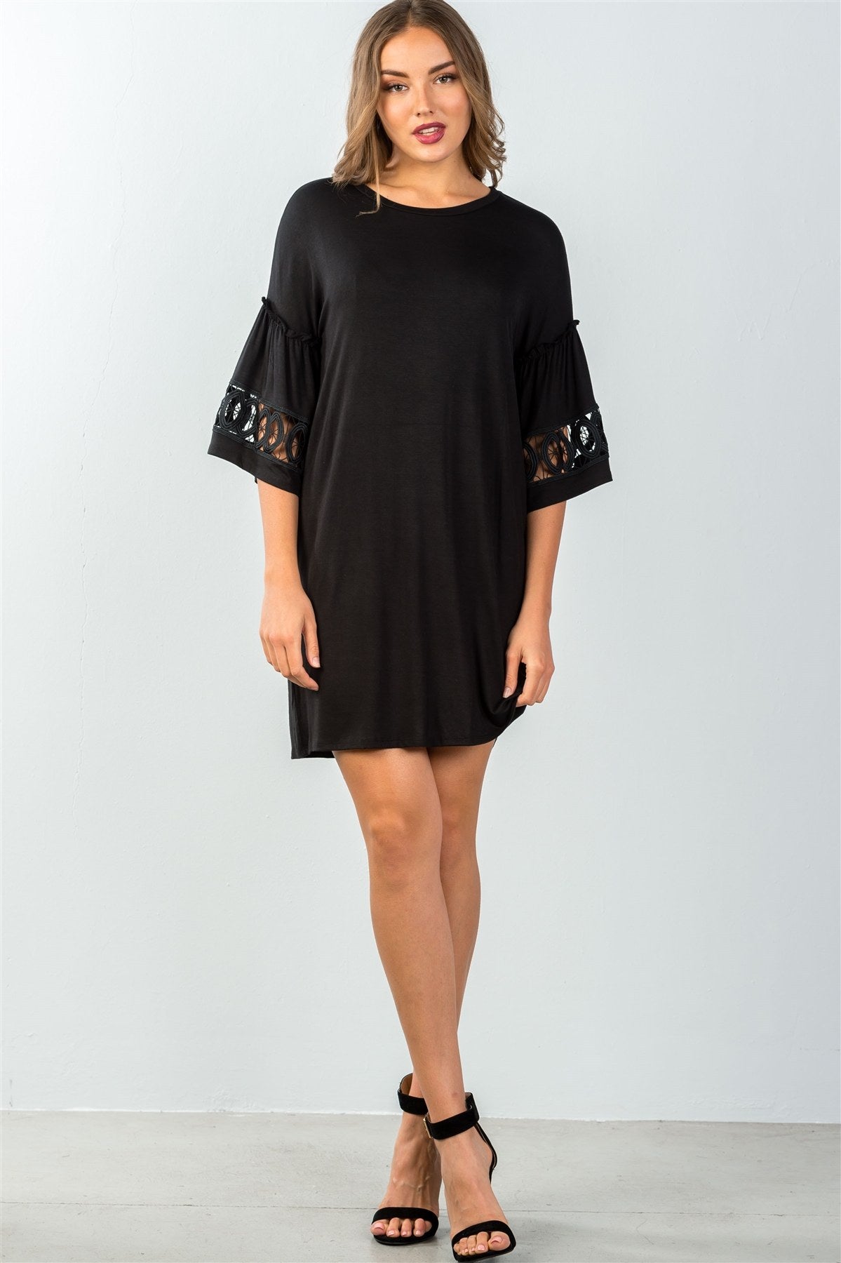 Ladies fashion 3/4 sleeve black crochet-trim gathered-sleeve mini dress