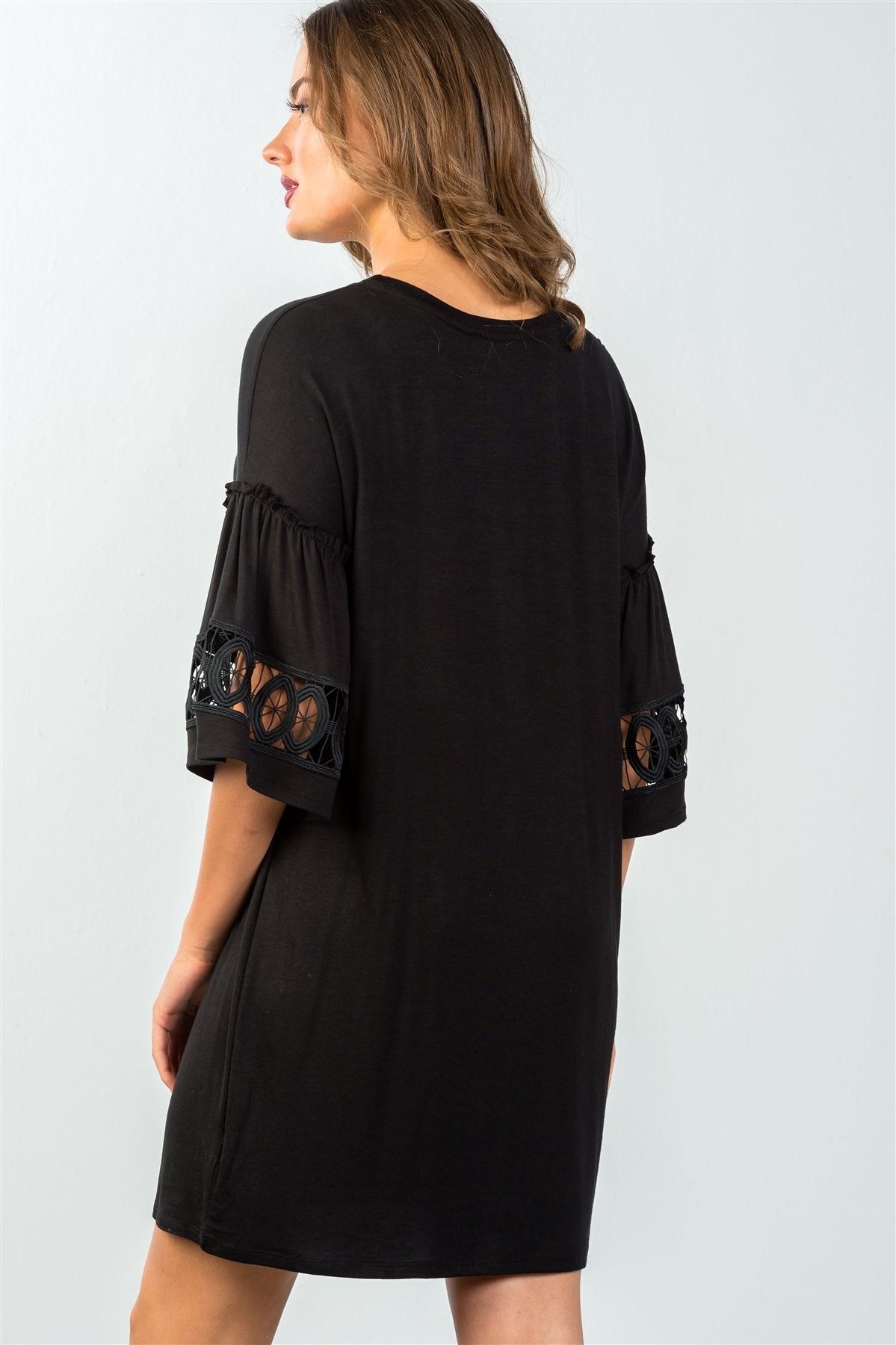 Ladies fashion 3/4 sleeve black crochet-trim gathered-sleeve mini dress
