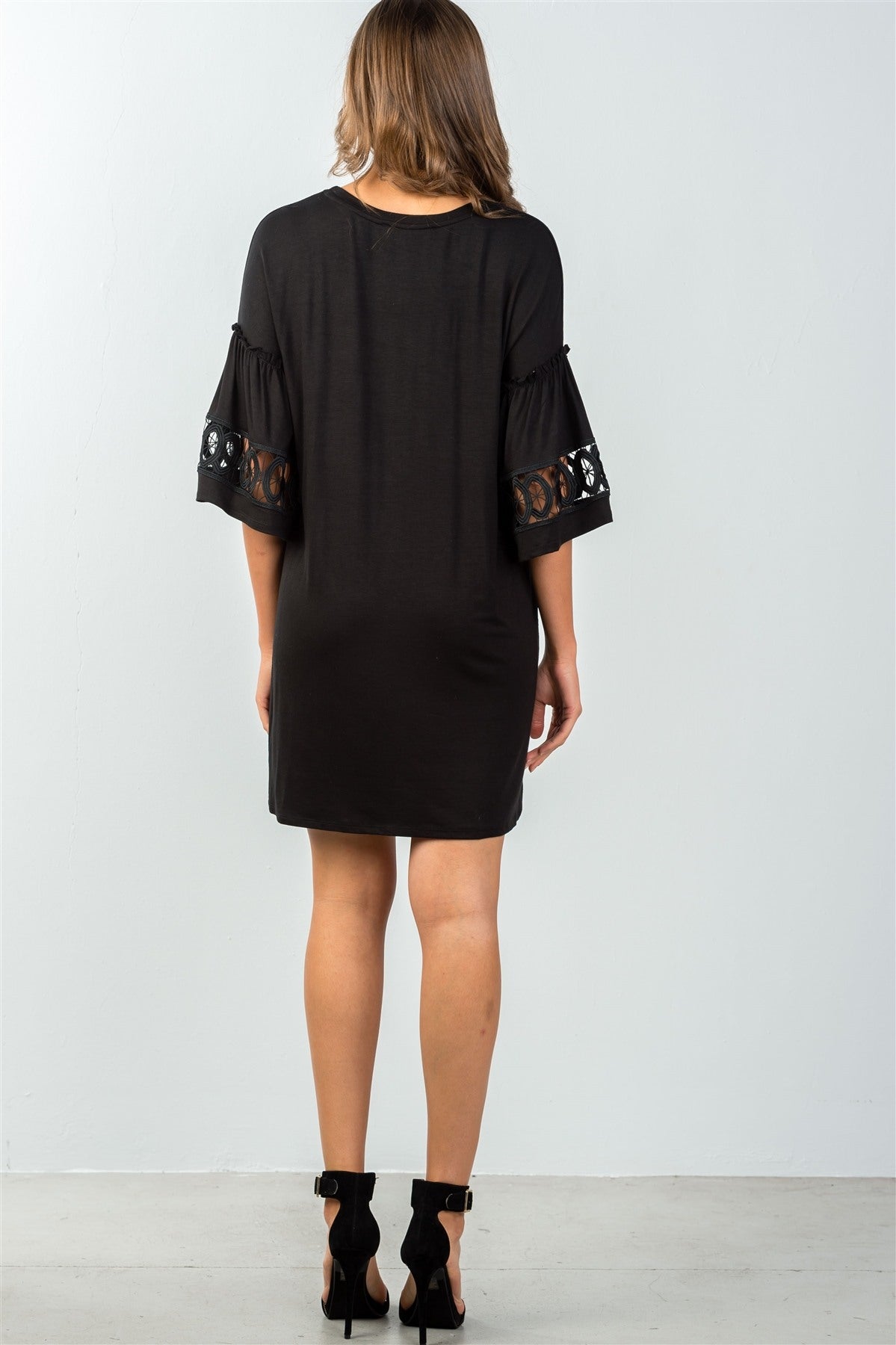 Ladies fashion 3/4 sleeve black crochet-trim gathered-sleeve mini dress