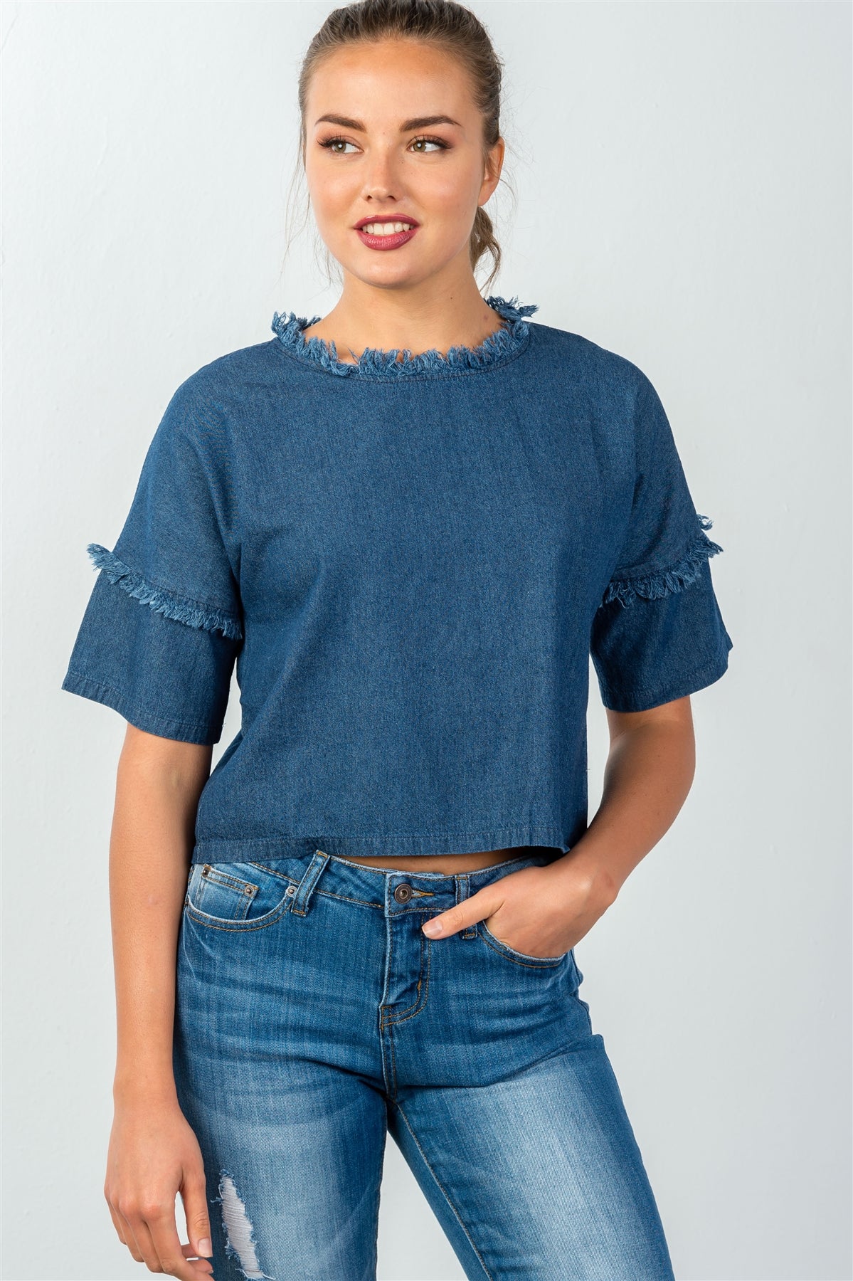 Ladies fashion loose fit shredded neckline & sleeves denim top