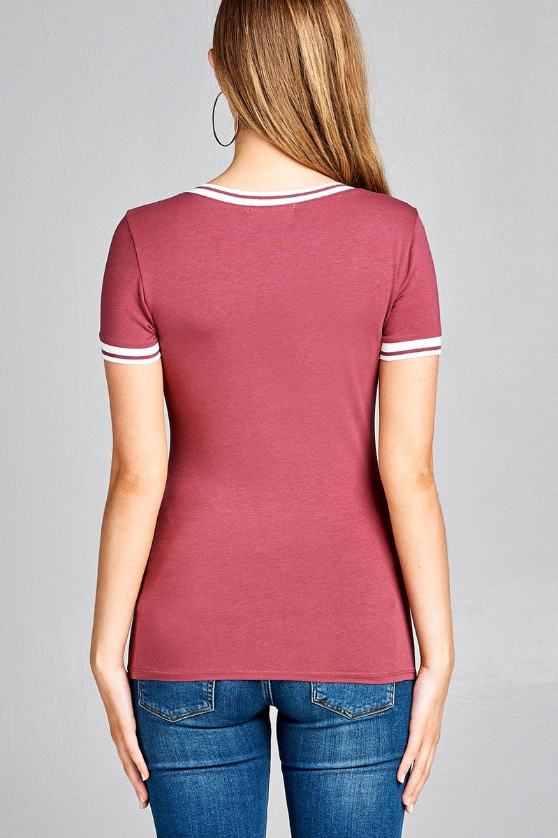 Ladies fashion plus size short contrast ribbed sleeve and collar cotton rayon spandex top