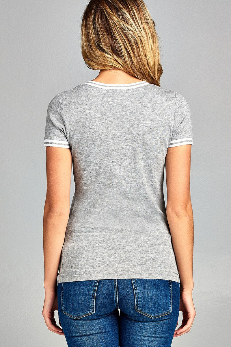 Ladies fashion plus size short contrast ribbed sleeve and collar cotton rayon spandex top