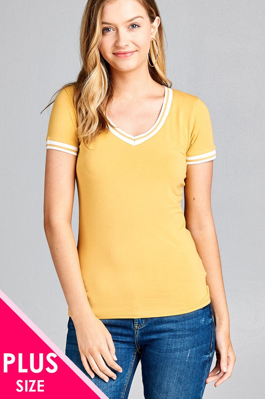 Ladies fashion plus size short contrast ribbed sleeve and collar cotton rayon spandex top