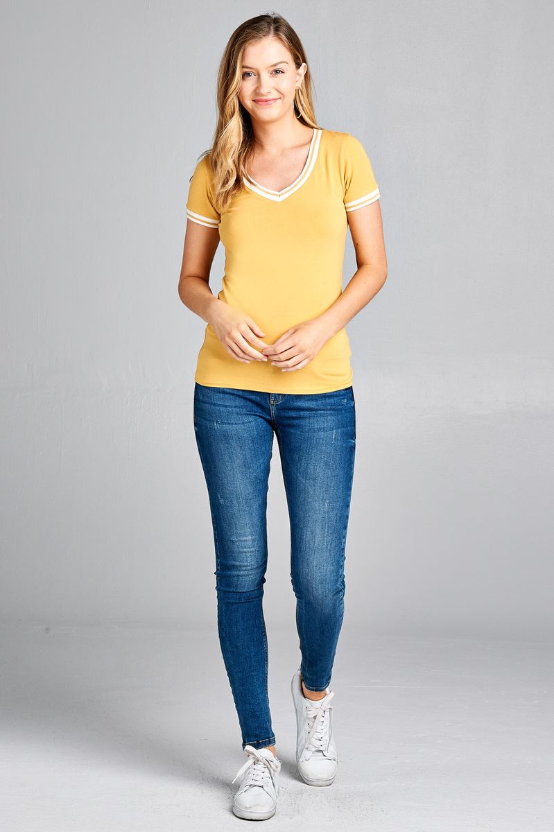 Ladies fashion plus size short contrast ribbed sleeve and collar cotton rayon spandex top