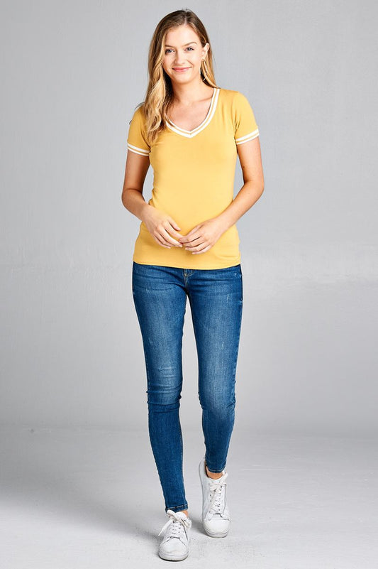 Ladies fashion plus size short contrast ribbed sleeve and collar cotton rayon spandex top