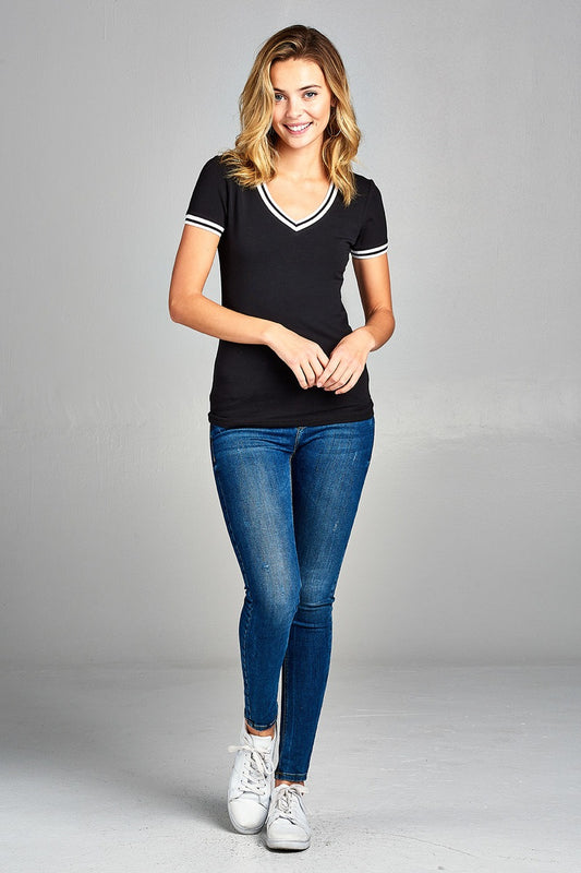 Ladies fashion plus size short contrast ribbed sleeve and collar cotton rayon spandex top