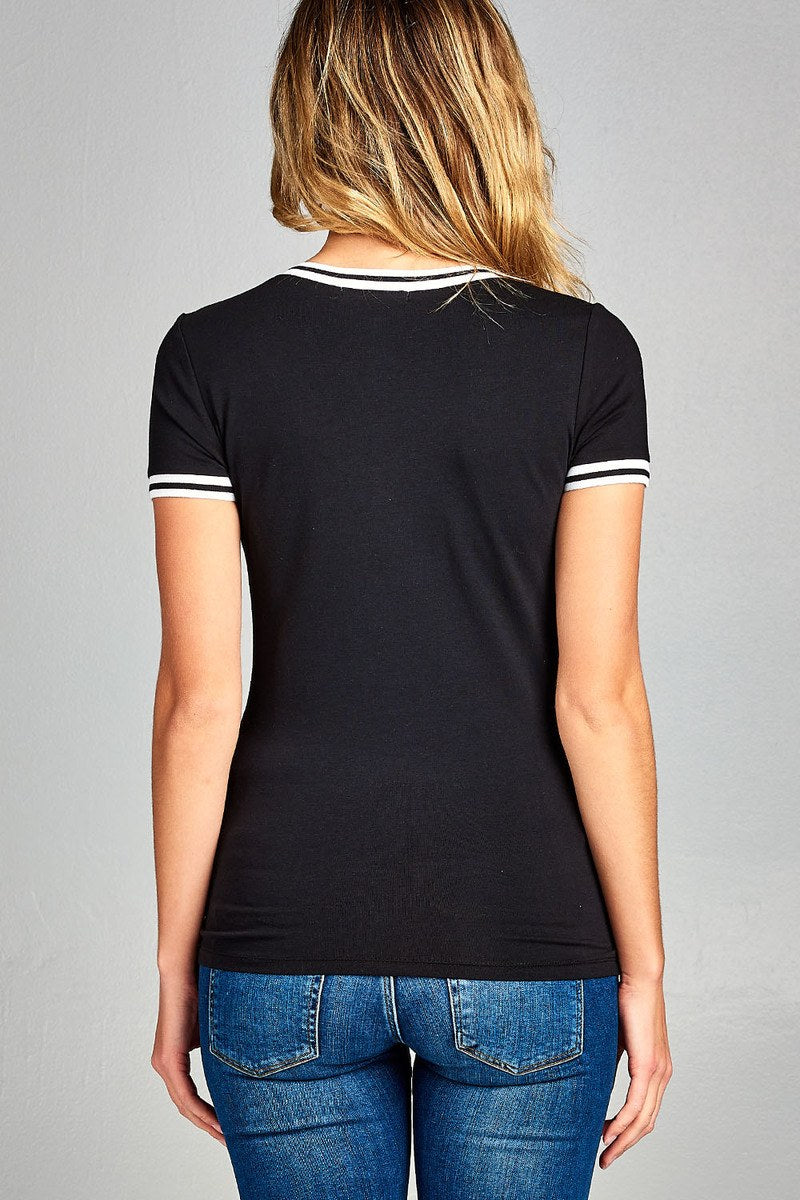 Ladies fashion plus size short contrast ribbed sleeve and collar cotton rayon spandex top