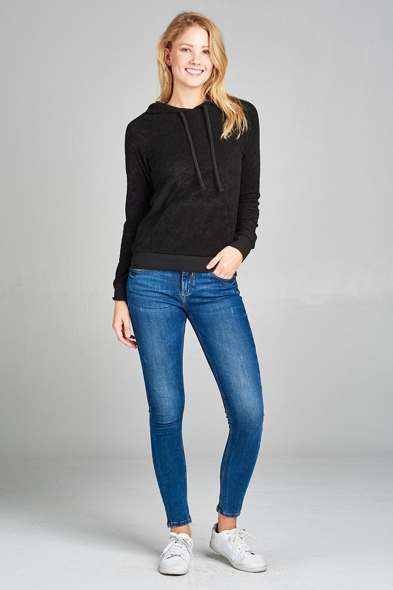 Ladies fashion plus size long sleeve hoodie pull over w/kangaroo pocket french terry top