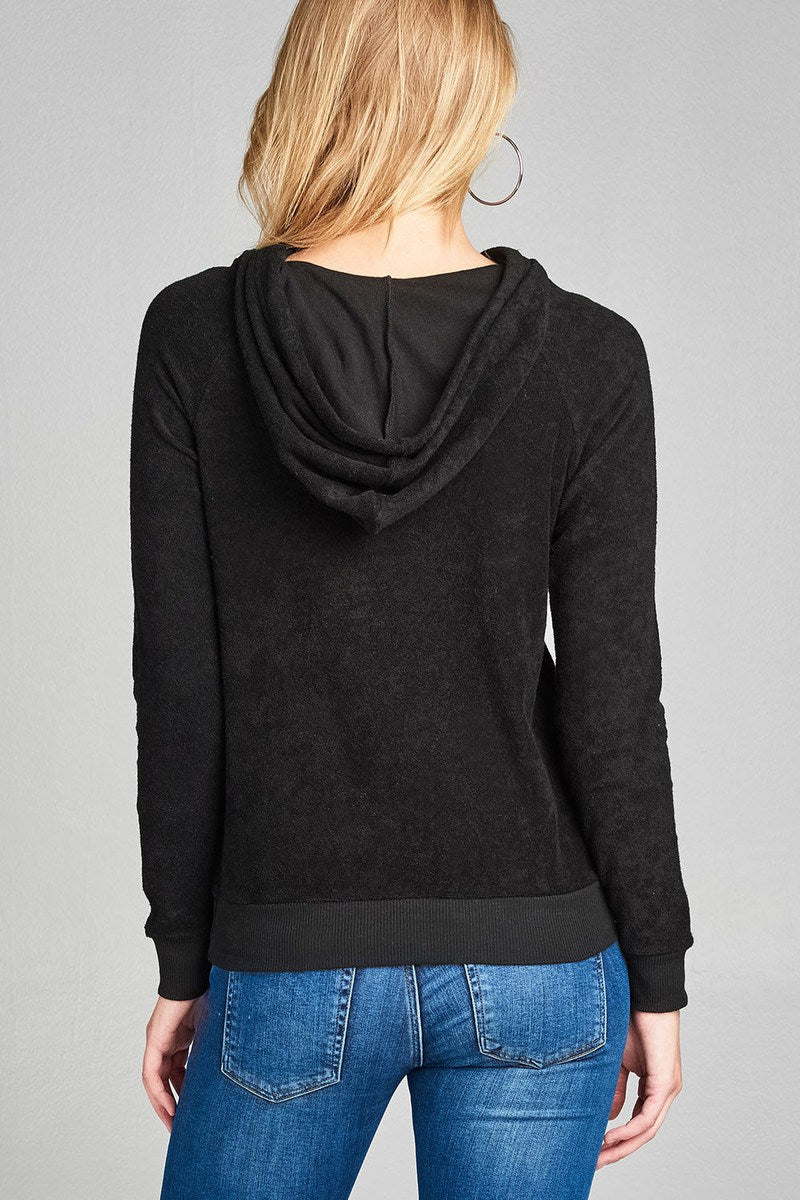 Ladies fashion plus size long sleeve hoodie pull over w/kangaroo pocket french terry top