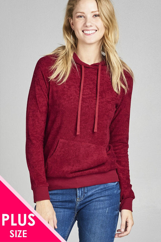 Ladies fashion plus size long sleeve hoodie pull over w/kangaroo pocket french terry top