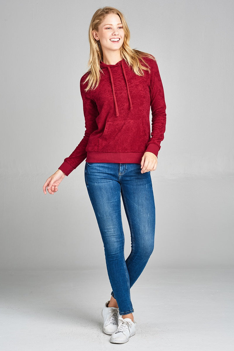 Ladies fashion plus size long sleeve hoodie pull over w/kangaroo pocket french terry top