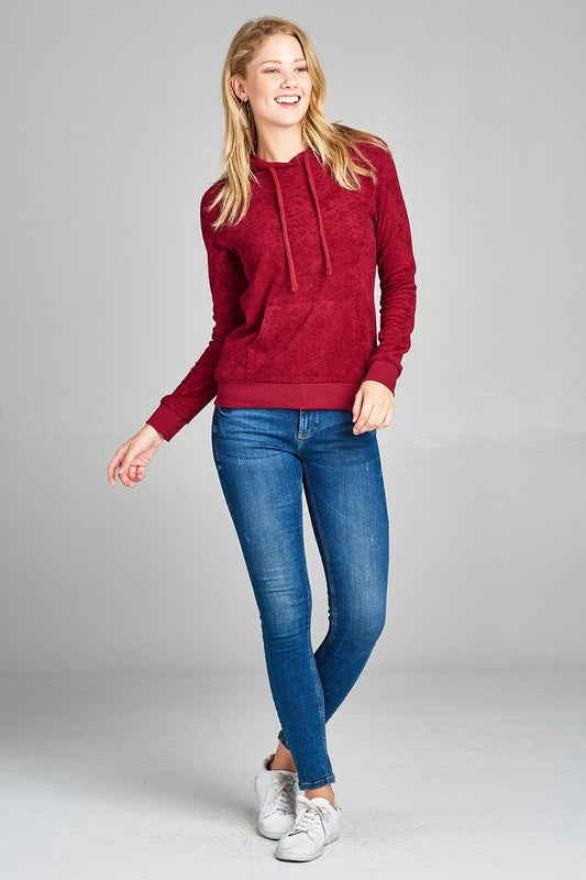 Ladies fashion plus size long sleeve hoodie pull over w/kangaroo pocket french terry top
