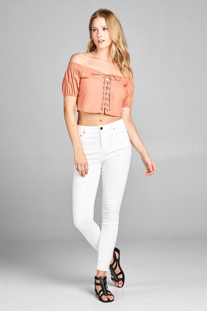 Ladies fashion short sleeve off the shoulder front eyelet w/string crop top