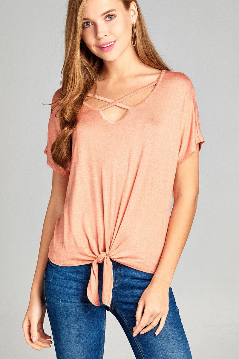 Ladies fashion short dolman sleeve v-neck cross strap rayon spandex top