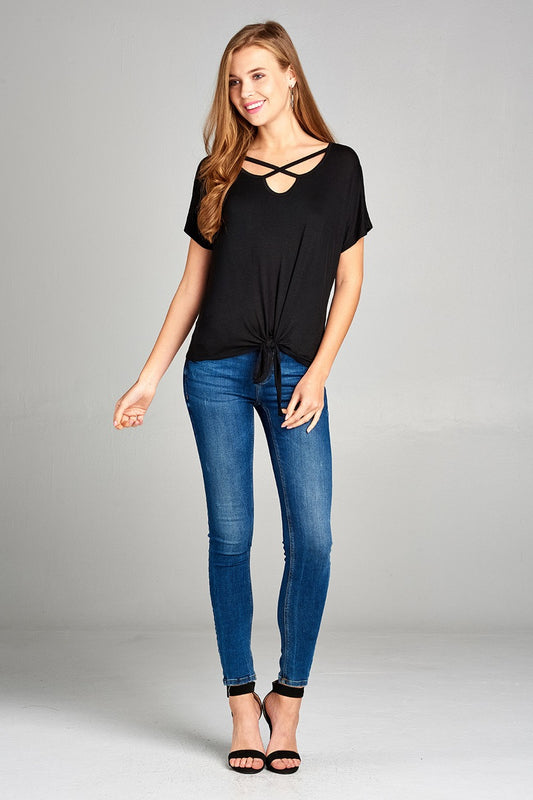 Ladies fashion short dolman sleeve v-neck cross strap rayon spandex top
