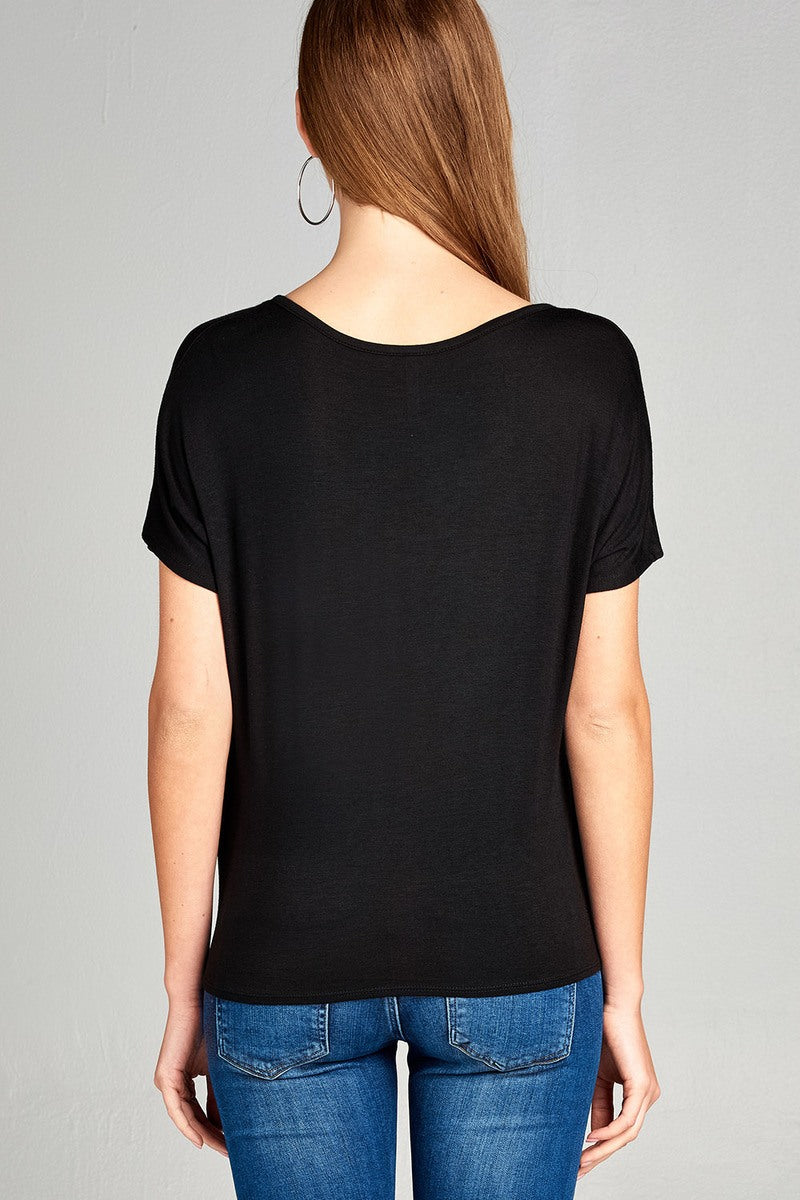 Ladies fashion short dolman sleeve v-neck cross strap rayon spandex top