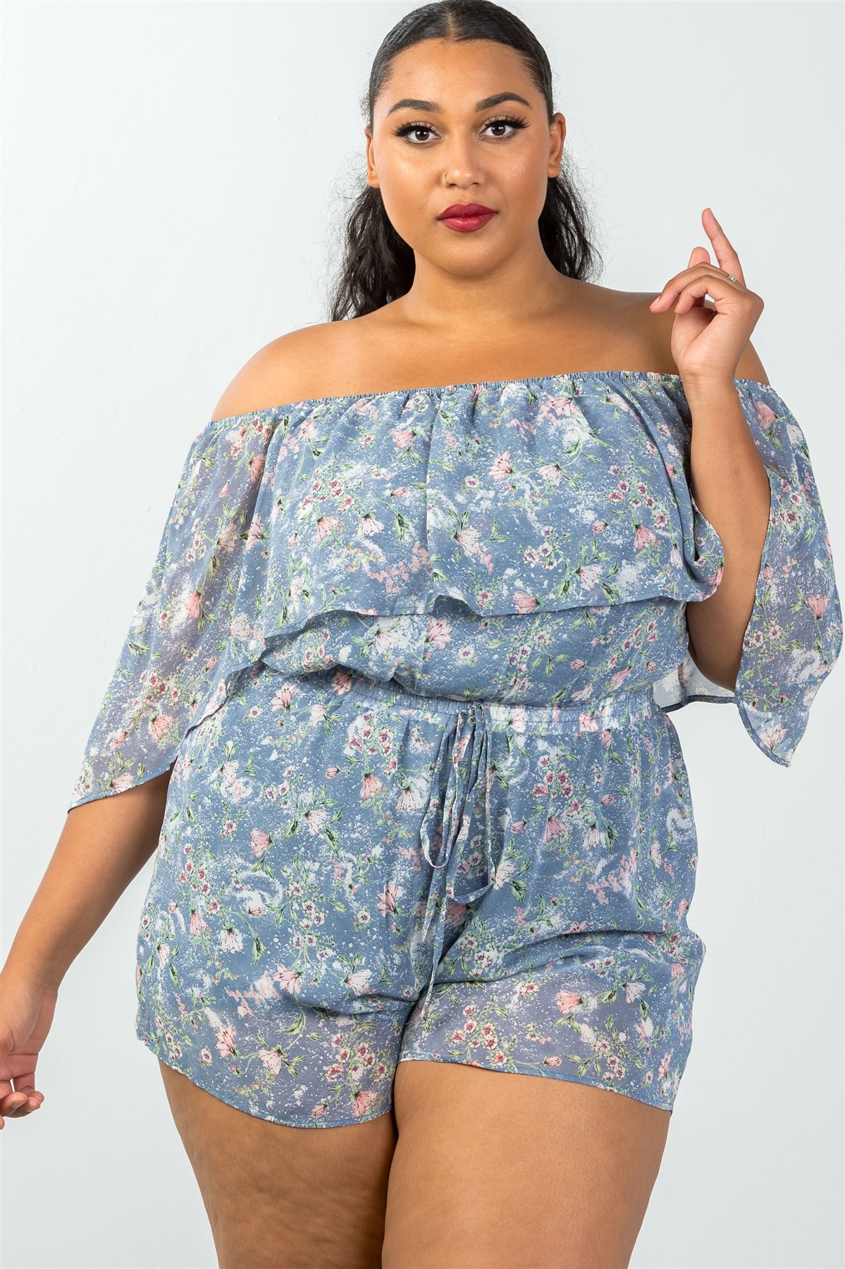 Ladies fashion plus size off the shoulder flounce floral print romper
