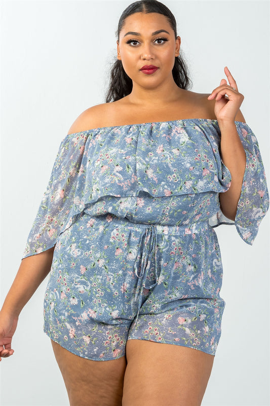 Ladies fashion plus size off the shoulder flounce floral print romper