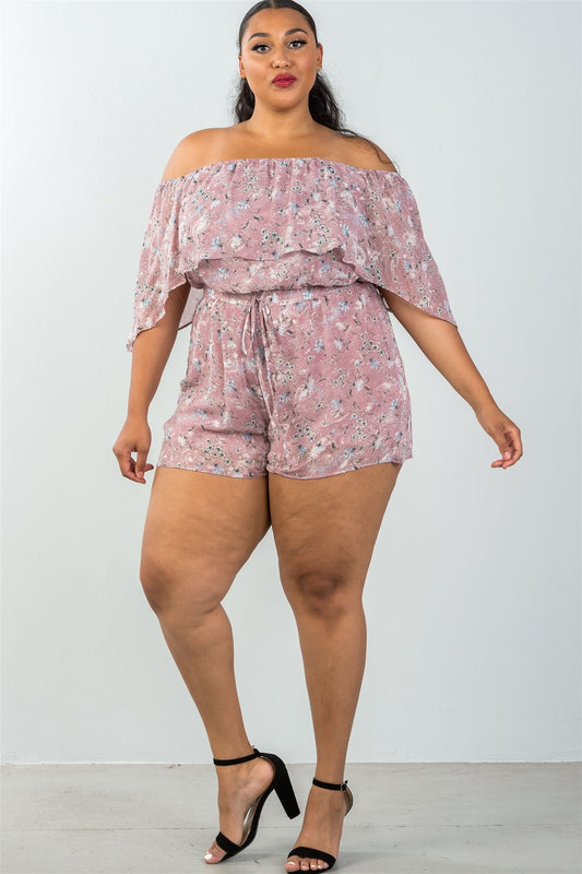 Ladies fashion plus size off the shoulder flounce floral print romper