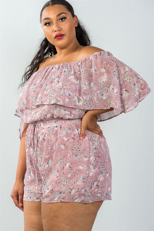 Ladies fashion plus size off the shoulder flounce floral print romper