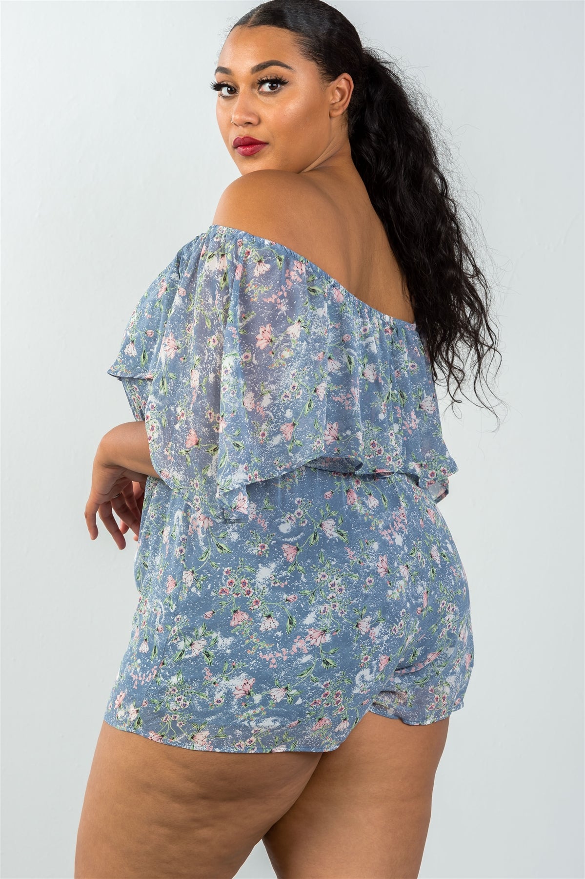 Ladies fashion plus size off the shoulder flounce floral print romper