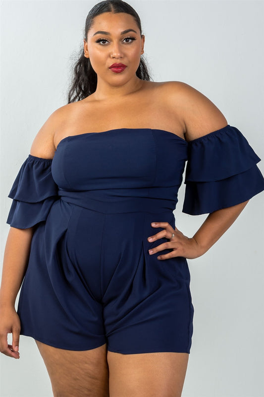 Ladies fashion plus size tiered ruffle  off the shoulder back cut out romper