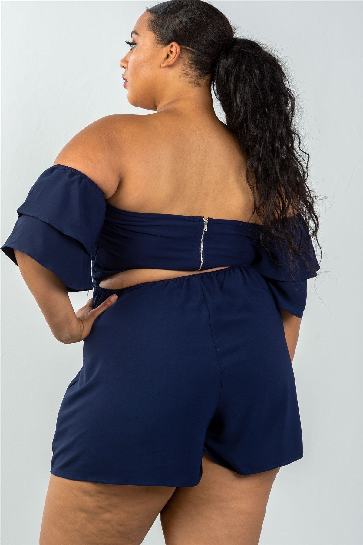 Ladies fashion plus size tiered ruffle  off the shoulder back cut out romper