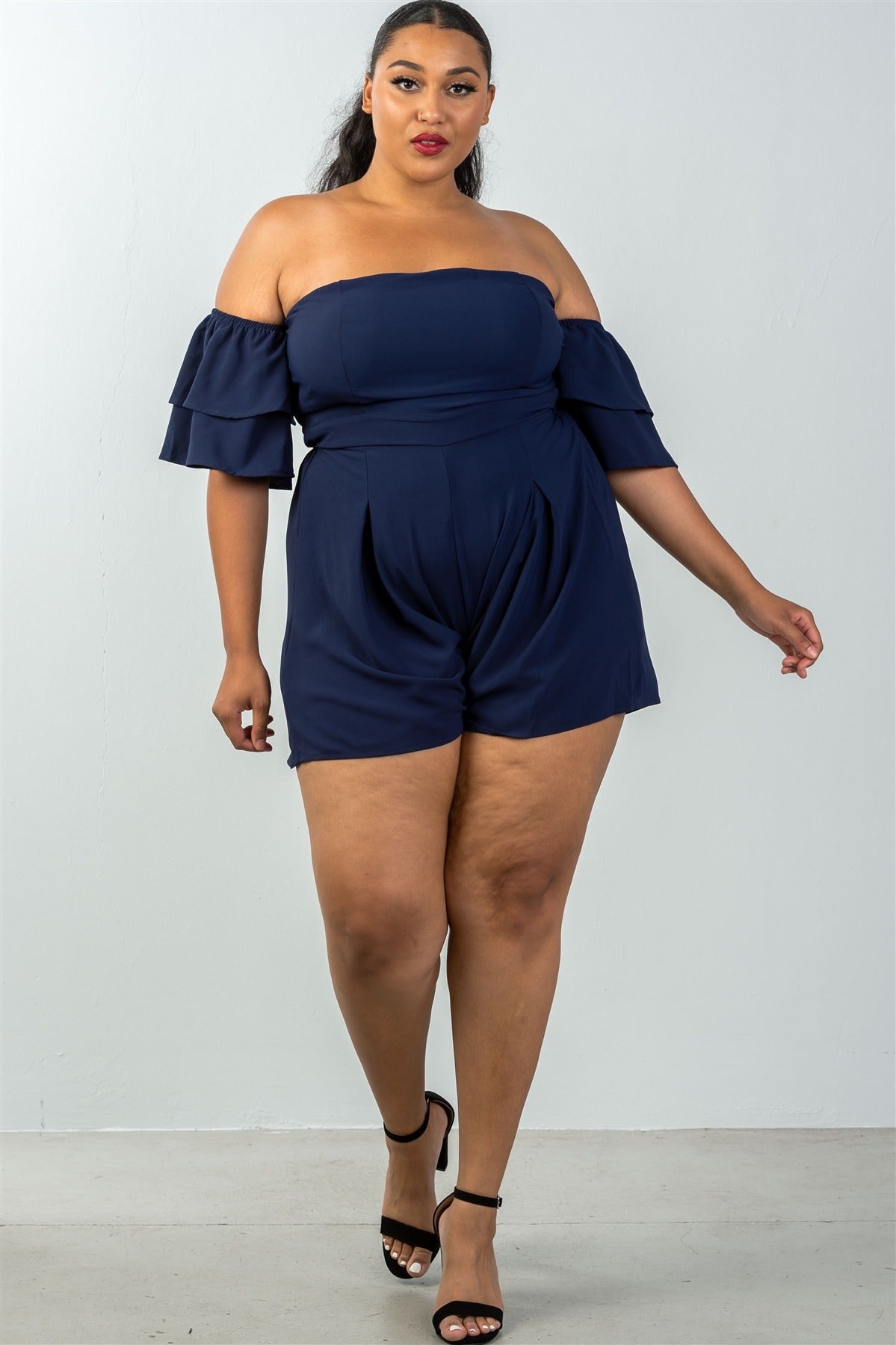 Ladies fashion plus size tiered ruffle  off the shoulder back cut out romper