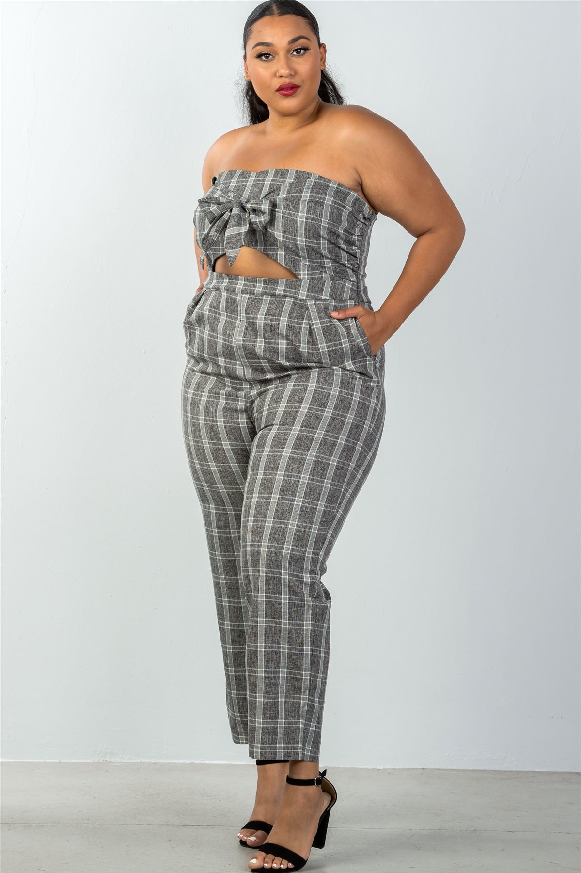 Ladies fashion plus size bow detail at front strapless jumpsuit palazzo pants