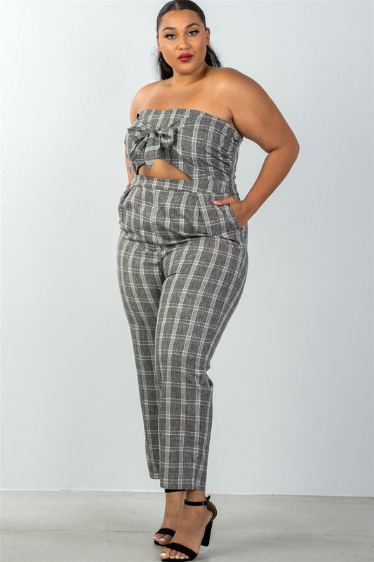 Ladies fashion plus size bow detail at front strapless jumpsuit palazzo pants