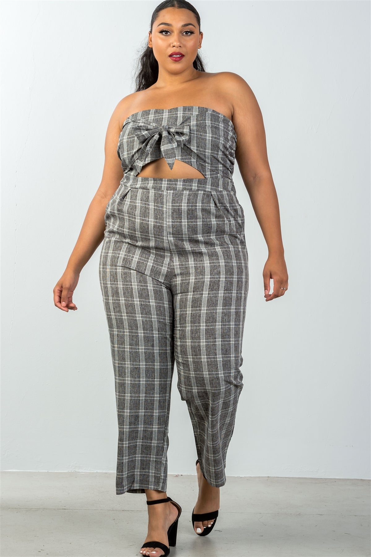 Ladies fashion plus size bow detail at front strapless jumpsuit palazzo pants