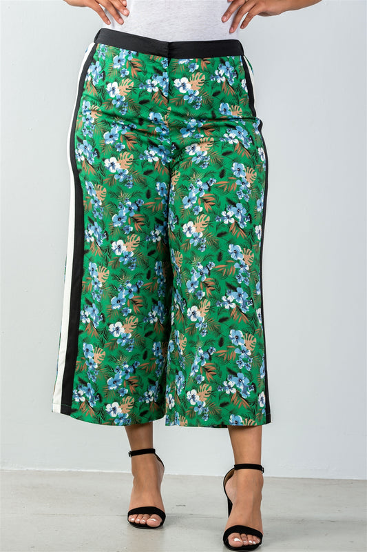Ladies fashion plus size wide leg green contrast side floral print cropped pants