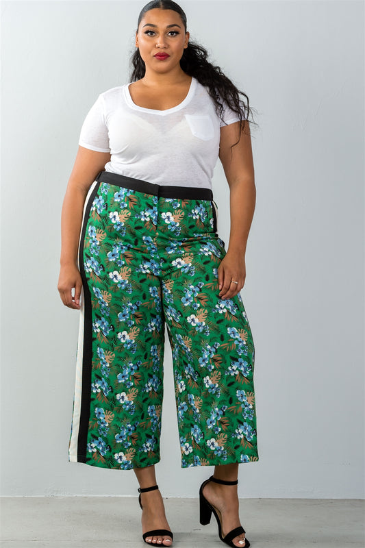 Ladies fashion plus size wide leg green contrast side floral print cropped pants