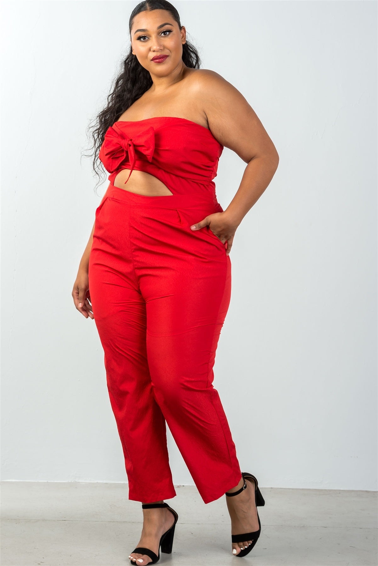 Ladies fashion plus size bow detail at front strapless jumpsuit palazzo pants
