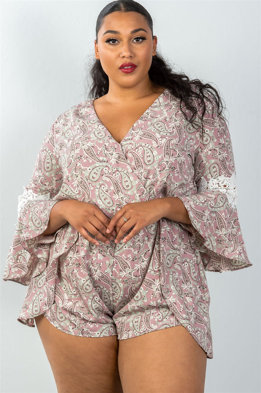 Ladies fashion plus size 3/4 bell sleeves floral crochet sleeves surplice romper