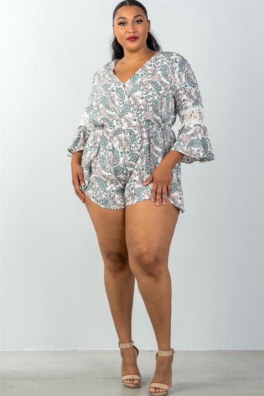 Ladies fashion plus size 3/4 bell sleeves floral crochet sleeves surplice romper