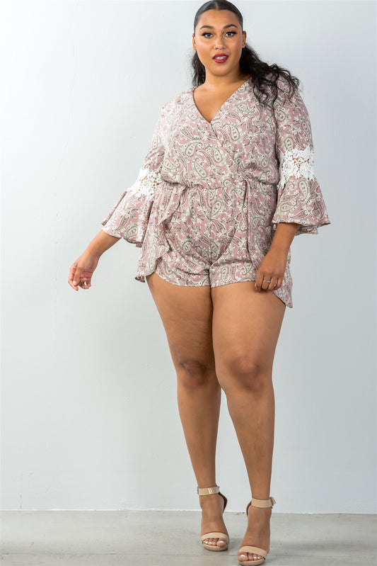 Ladies fashion plus size 3/4 bell sleeves floral crochet sleeves surplice romper