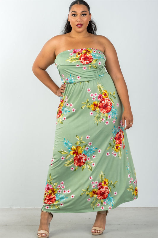 Ladies fashion plus size allover tropical floral print strapless maxi dress