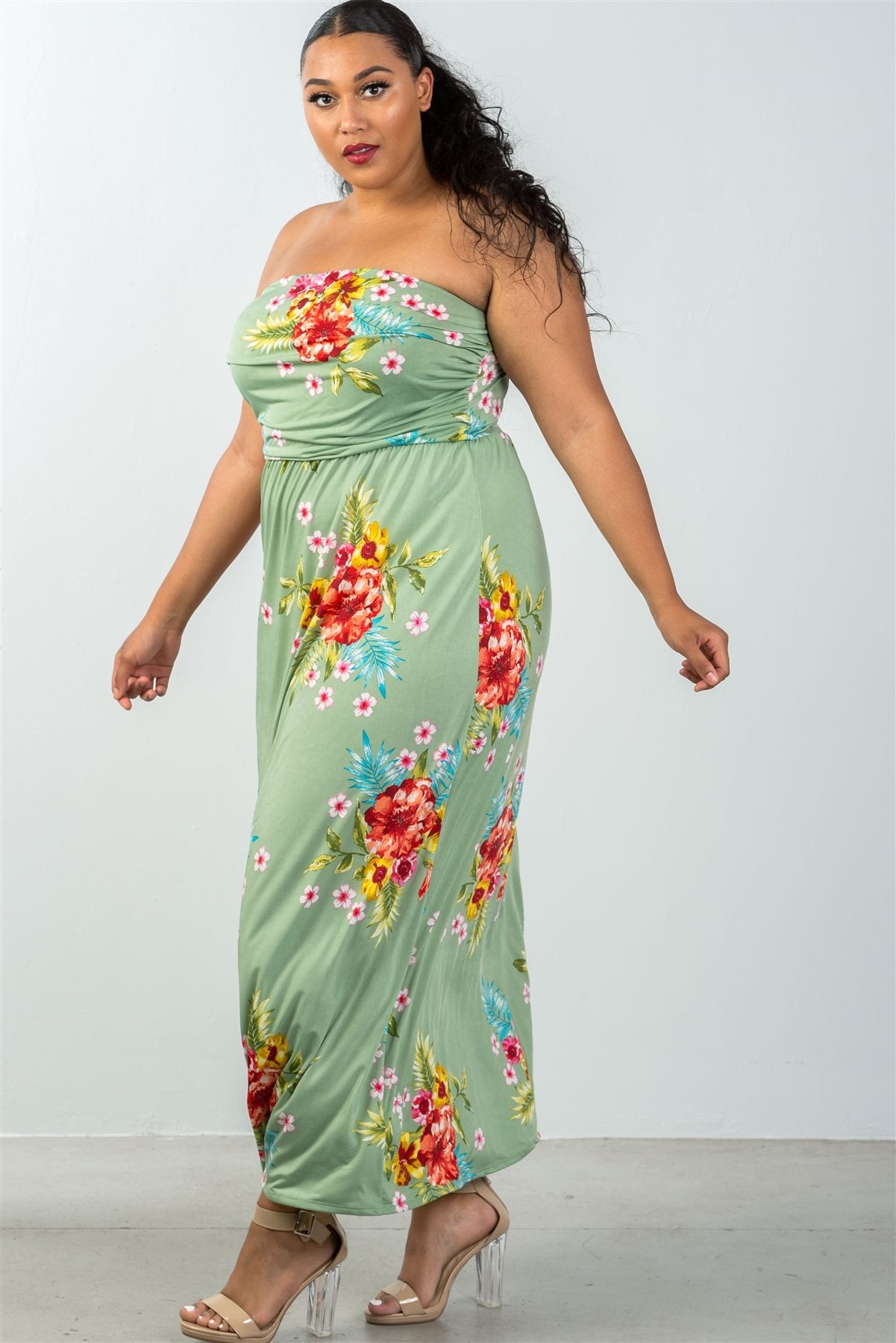 Ladies fashion plus size allover tropical floral print strapless maxi dress